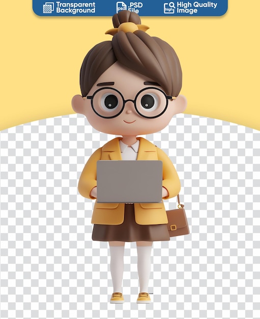 Delightful woman with notebook at work or home in 3D chibi portrayal