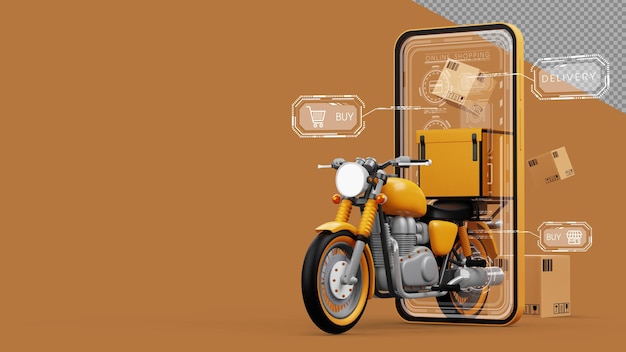 PSD delivery courier service online shopping motorcycle with parcel box 3d rendering