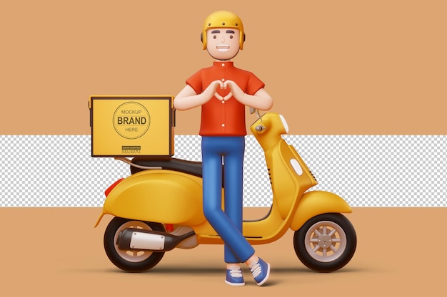 Delivery man doing a heart shape with hands and a delivery motorcycle in 3d rendering