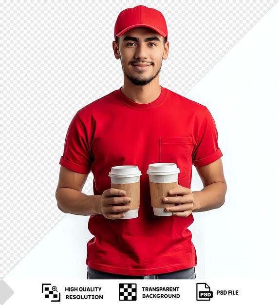 PSD delivery man employee red cap blank tshirt uniform holding coffee cups happy and pleased standing in front of a white wall wearing a red shirt and blue and gray jeans with a