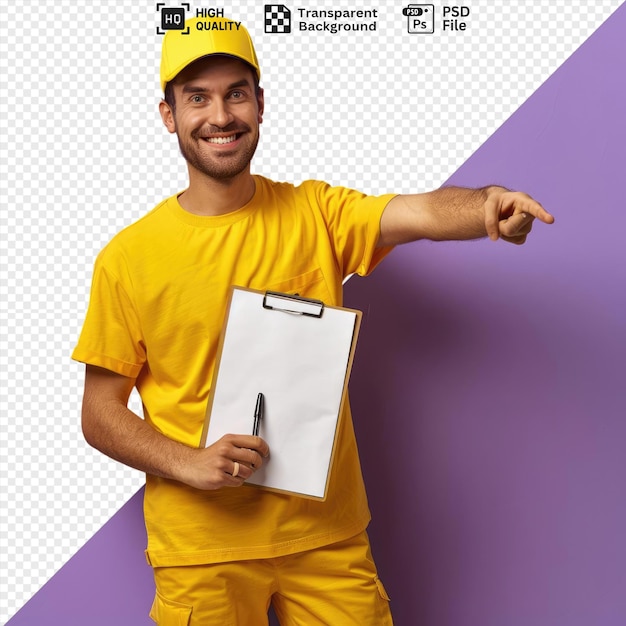 delivery man employee yellow cap blank tshirt uniform holding clipboard and pen pointing with it clipboard looking camera smiling standing in front of purple wall png