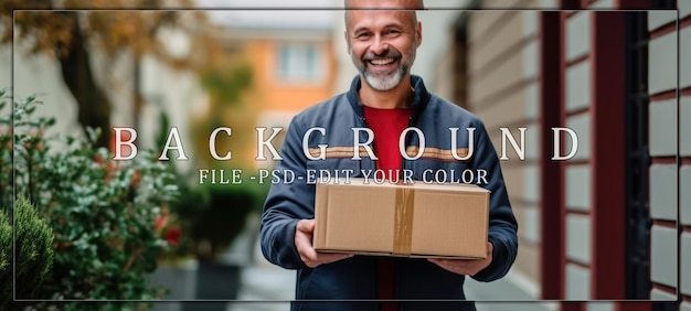 PSD delivery man holding a package with a smile