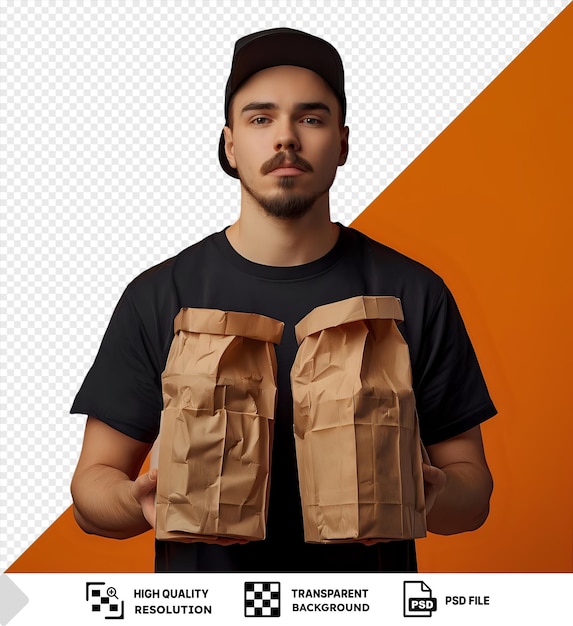 PSD delivery man holding two paper bags on an orange background isolated man wearing black tshirt man wearing cap