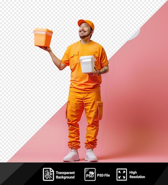 PSD delivery man in orange cap uniform holding speech bubble food containers confident standing in front of pink wall