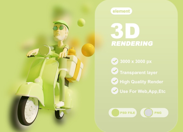 Delivery man riding a motorcycle with delivery box in 3d rendering Premium Psd