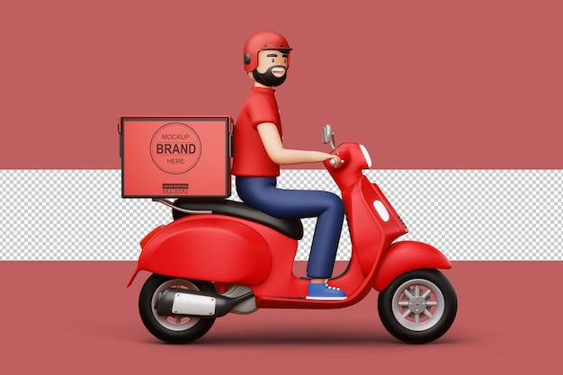 Delivery man riding a motorcycle with delivery box in 3d rendering