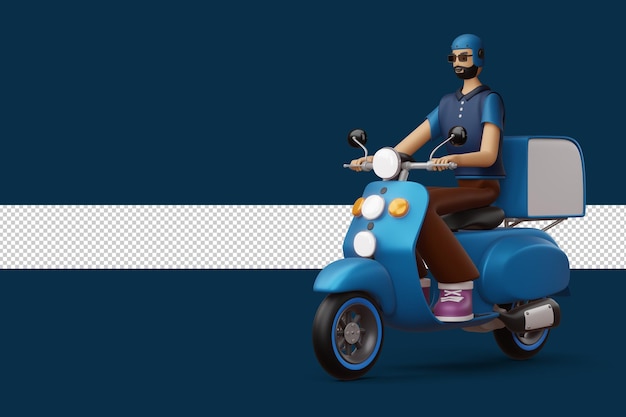 Delivery man riding a motorcycle with delivery box 3d rendering