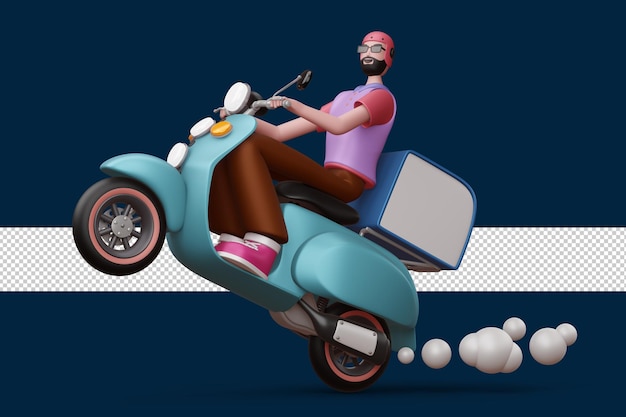 Delivery man riding a motorcycle with delivery box 3d rendering