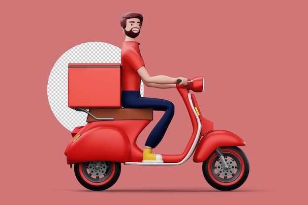 Delivery man riding a motorcycle with delivery box 3d rendering