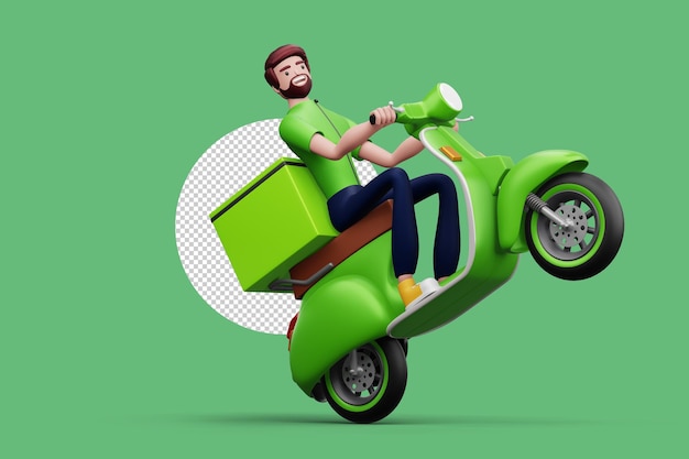 Delivery man riding a motorcycle with delivery box 3d rendering