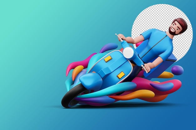 Delivery man riding a motorcycle with delivery box and colorful wind 3d rendering