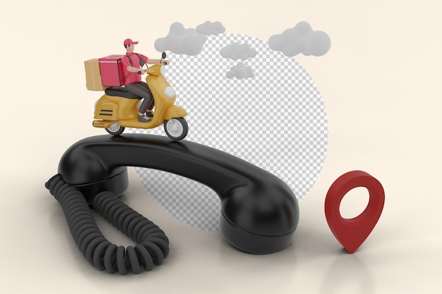 Delivery man riding a motorcycle with delivery box location pin and Telephone in 3d rendering