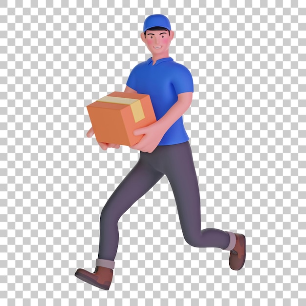 PSD delivery man running fast delivering package 3d illustration