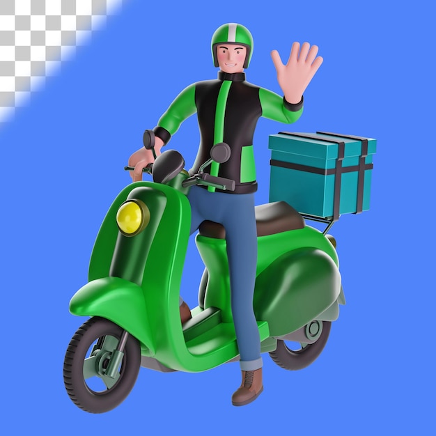 Delivery man waving while riding motorcycle with delivery box