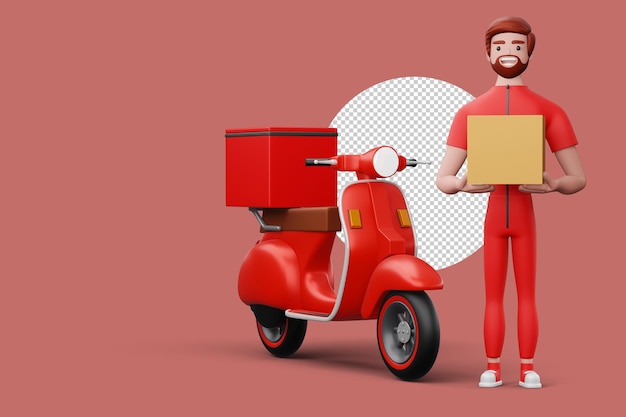 Delivery man with parcel box and a motorcycle 3d rendering