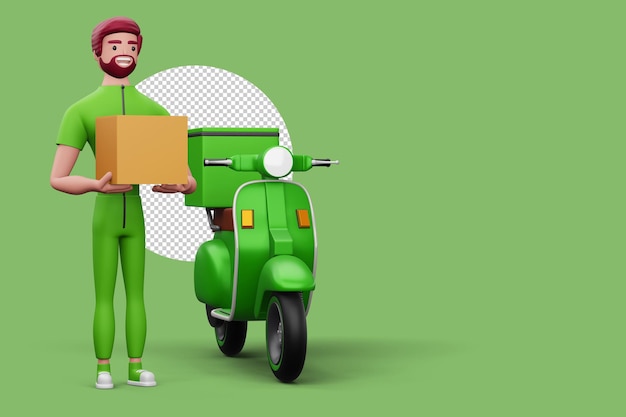 Delivery man with parcel box and a motorcycle 3d rendering