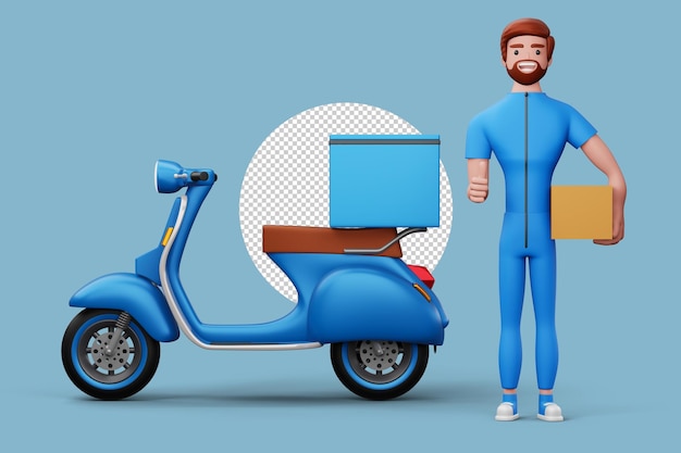 Delivery man with parcel box and a motorcycle 3d rendering