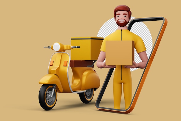 Delivery man with parcel box and a motorcycle 3d rendering