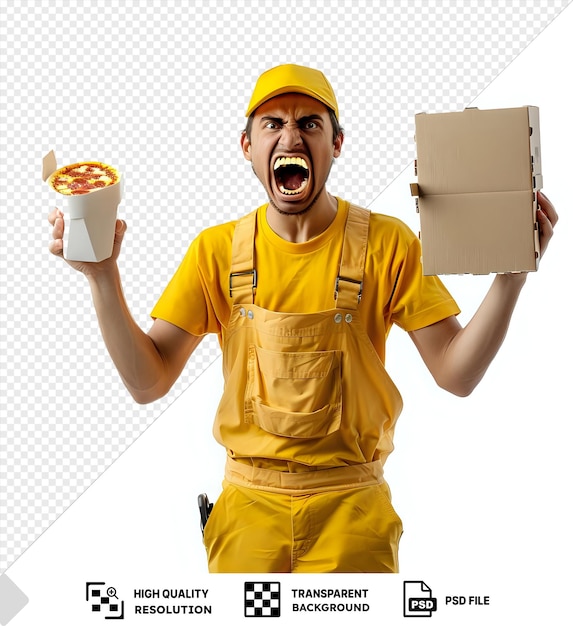 PSD delivery man in yellow cap and blank tshirt holding food containers and pizza box with annoyed expression