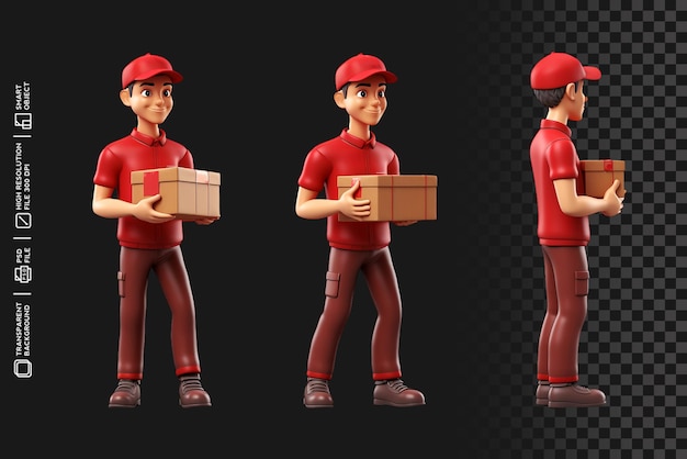 Delivery Men with Box Packaging in Isolated Transparent Background PSD 3D Render