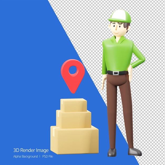 Delivery service conceptdeliveryman is standing near boxes which location icon on the top3d rendering cartoon illustration