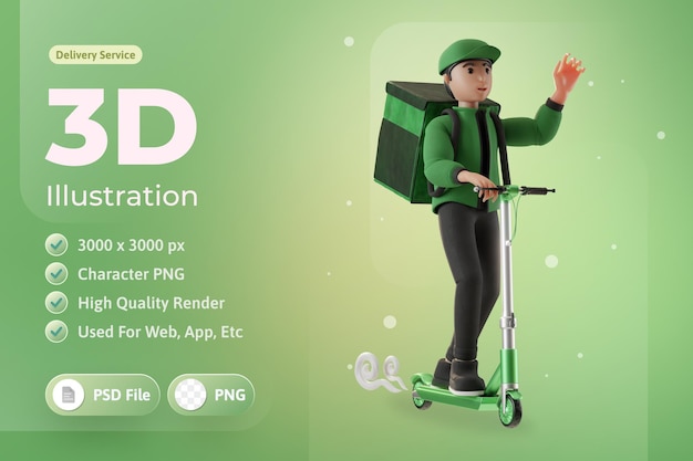 Delivery Service with character and scooter 3d Illustration