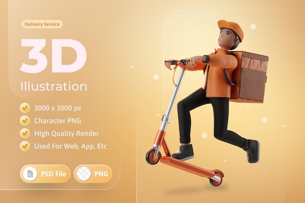 Delivery Service with character and scooter 3d Illustration