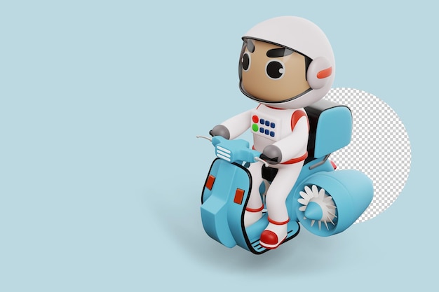 Delivery spaceman riding flying motorcycle with delivery box 3d rendering