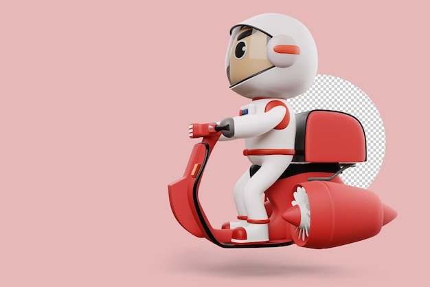 Delivery spaceman riding flying motorcycle with delivery box 3d rendering