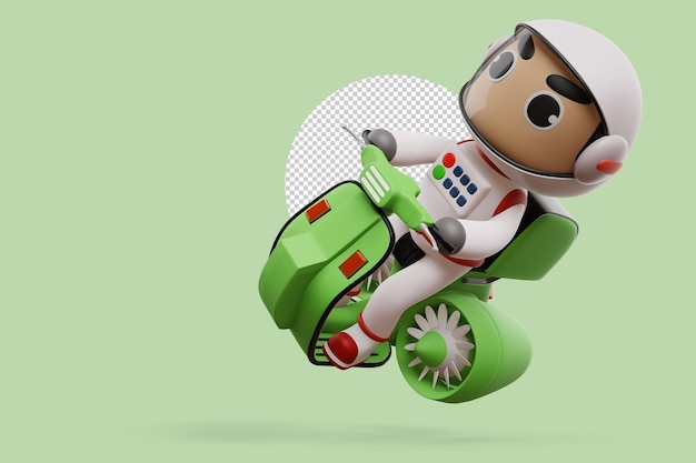 Delivery spaceman riding flying motorcycle with delivery box 3d rendering