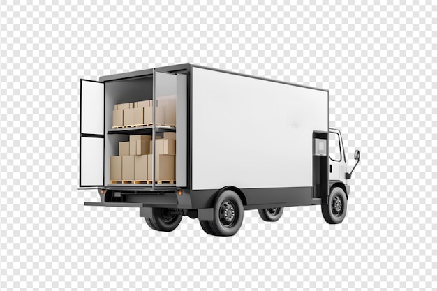 PSD delivery truck and boxes for logistics and transportation on transparent background