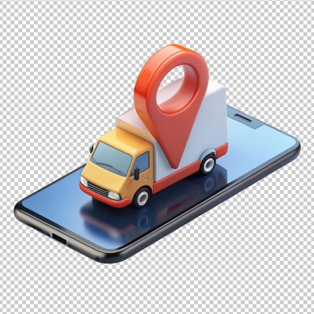 PSD delivery truck on smartphone with location pointer isolated on transparent background