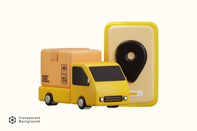 PSD delivery truck with cardboard icon with location pin shipment tracking 3d rendering illustration