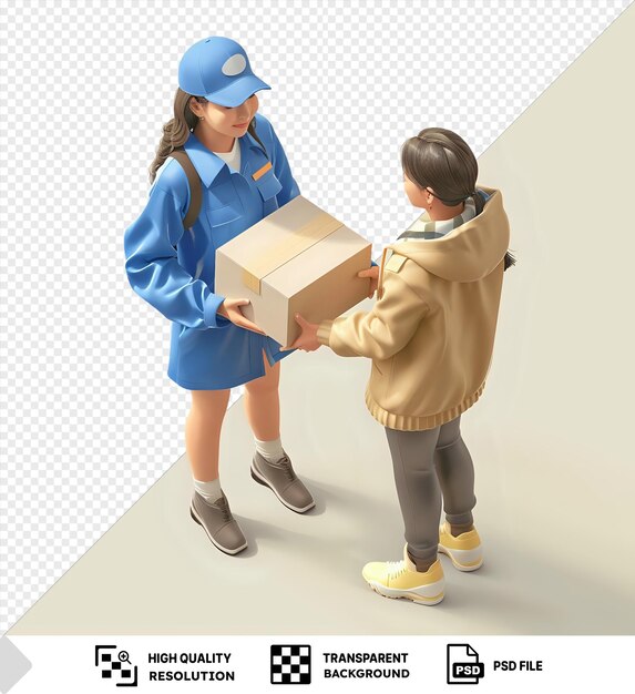 PSD delivery woman hands a package to a customer against an isolated background