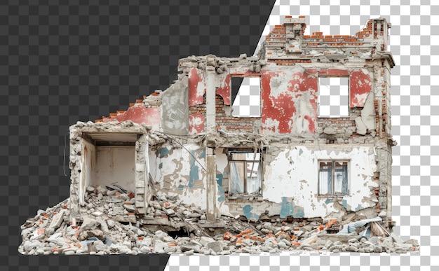 Demolished building ruins with scattered debris on transparent background stock png