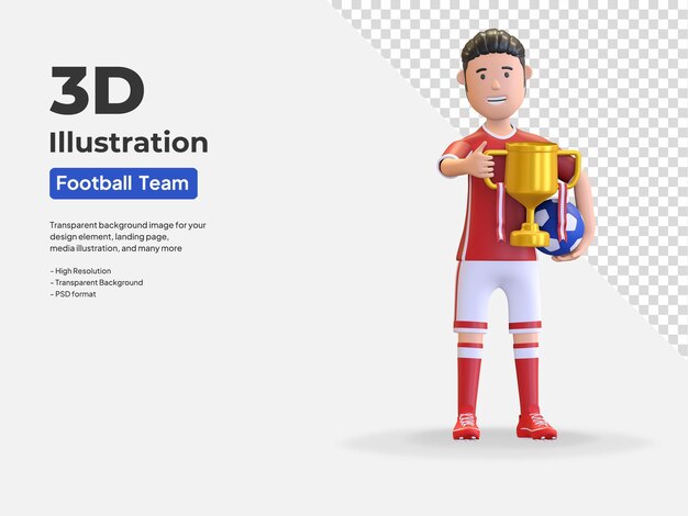 PSD denmark national football player character man holding trophy champion 3d render illustration