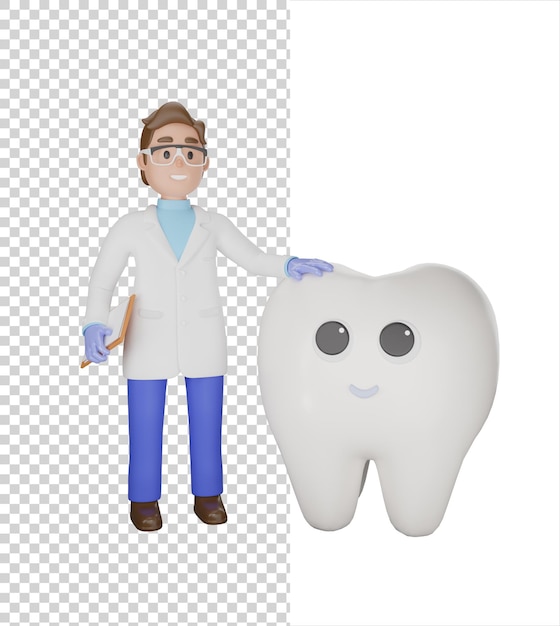 Dentist character with clipboard stay near happy anthropomorphic tooth 3D render isolated