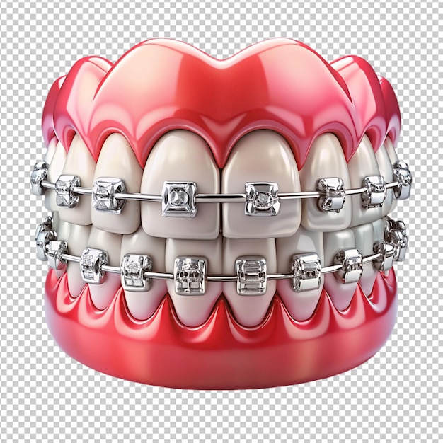 dentition with self ligating steel dental braces on transparent background