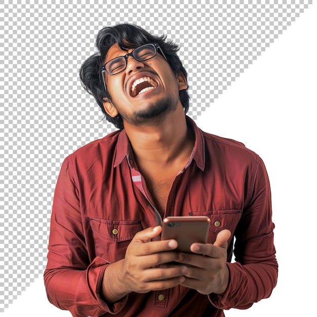 Depressed young South Asian man looking sad while holding his mobile phone isolated background