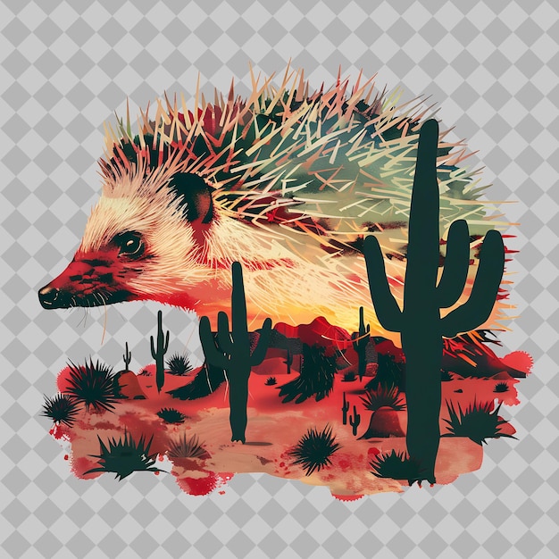 PSD desert hedgehog animal inside a silhouette rectangle cactus png watercolor wild life collections