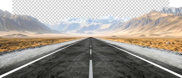 PSD desert road leading towards snowcapped mountains isolated on transparent background