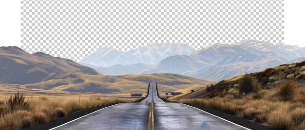 Desert road leading towards snowcapped mountains isolated on transparent background