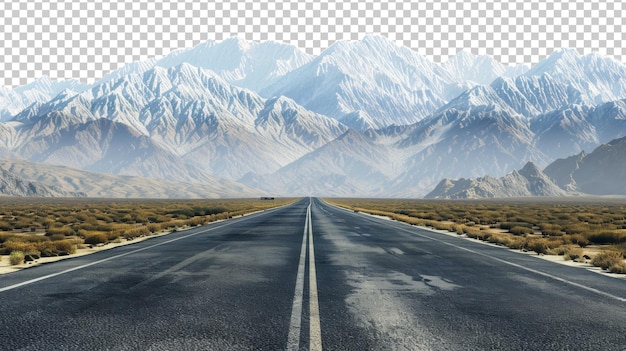 Desert road leading towards snowcapped mountains isolated on transparent background