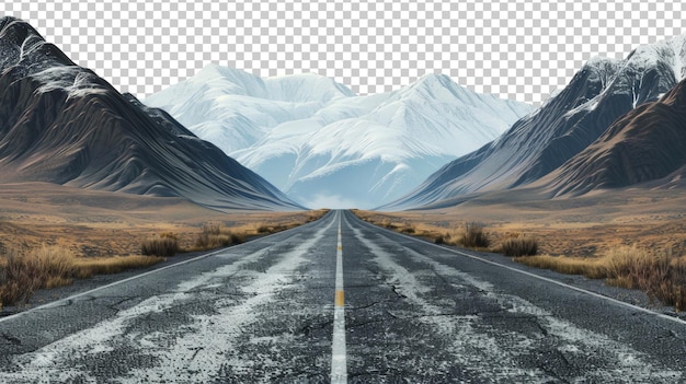 Desert road leading towards snowcapped mountains isolated on transparent background