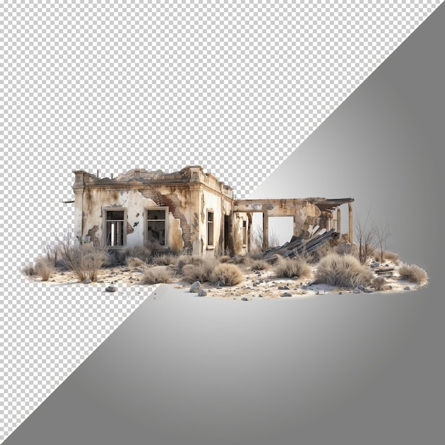 PSD deserted ruin abandoned building in desert landscape isolated on transparent background