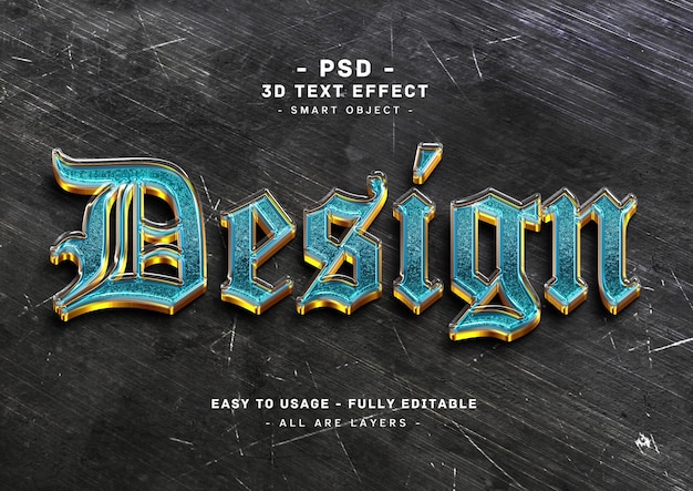 Design glass golden text effect 3d blue glitter style