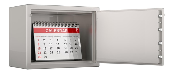 PSD desk calendar inside safe with combination lock 3d rendering isolated on transparent background