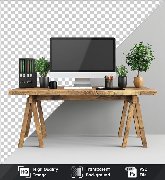 Desk mockup with computer plants wood leg white wall and floor in the foreground on transparent