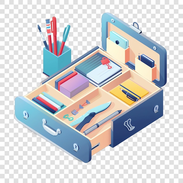 PSD a desk with a drawer that says  tools  and a box of pens