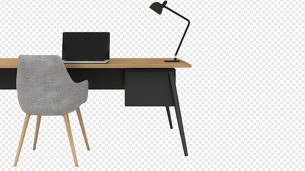 a desk with a lamp on it and a chair on it